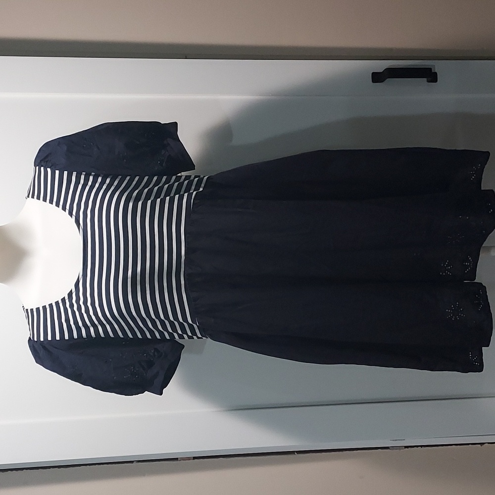 Suzanne Betro Blue Striped Bodice & Embroidered Eyelet Dress